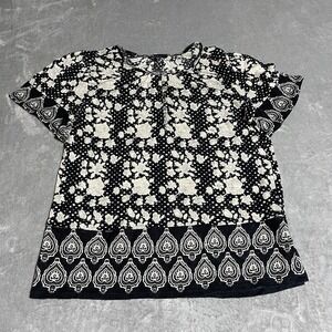 Lucky Brand Top Womens Medium Black White‎ Floral Short Sleeve Linen Blend Boho